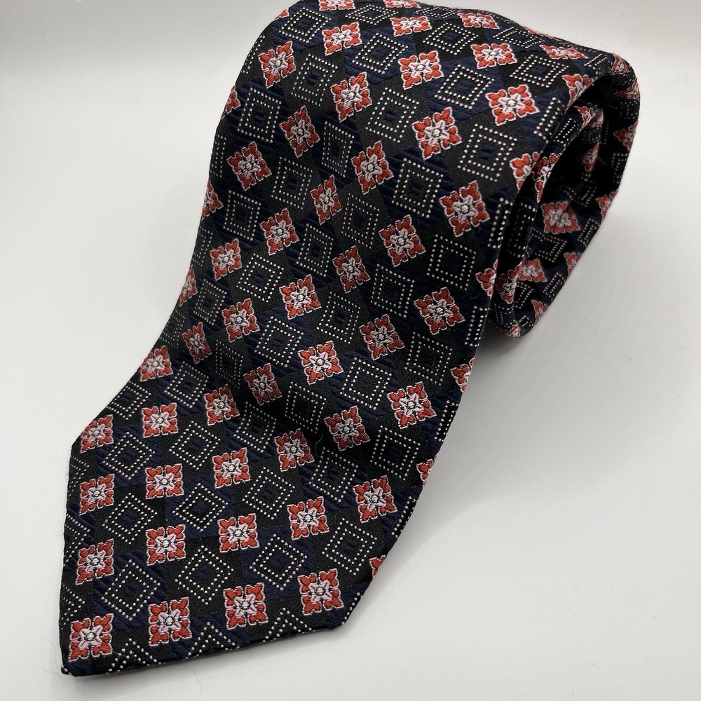 HUGO BOSS MEN'S TIE‎ 100% SILK GEOMETRIC MADE IN  ITALY